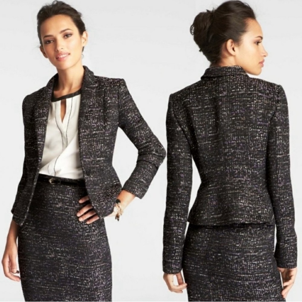 Ann Taylor Black Purple Cream Tweed Peplum Blazer Size 4 Professional Elegant